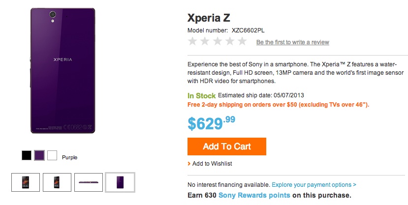 The Sony Xperia Z is available in the U.S. Sony store.