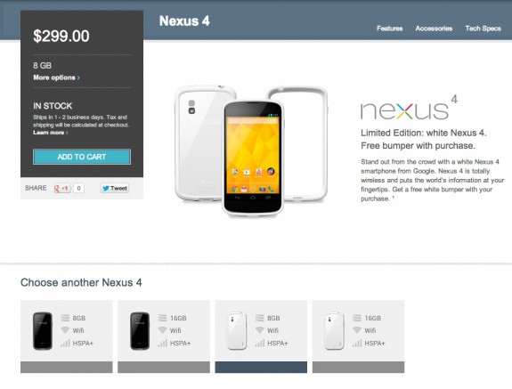 The white Nexus 4 has appeared in the U.S. today. 