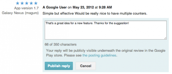 Developer review replies as they appear in the Google Play App Store.