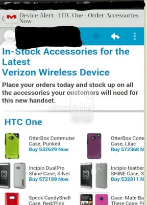 Phone Arena posts an email capture listing accessories for the HTC One for Verizon Wireless from a third-party wireless dealer. 