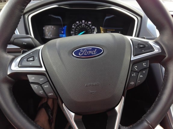 The 2013 Ford Fusion steering wheel offers fast access to controls.