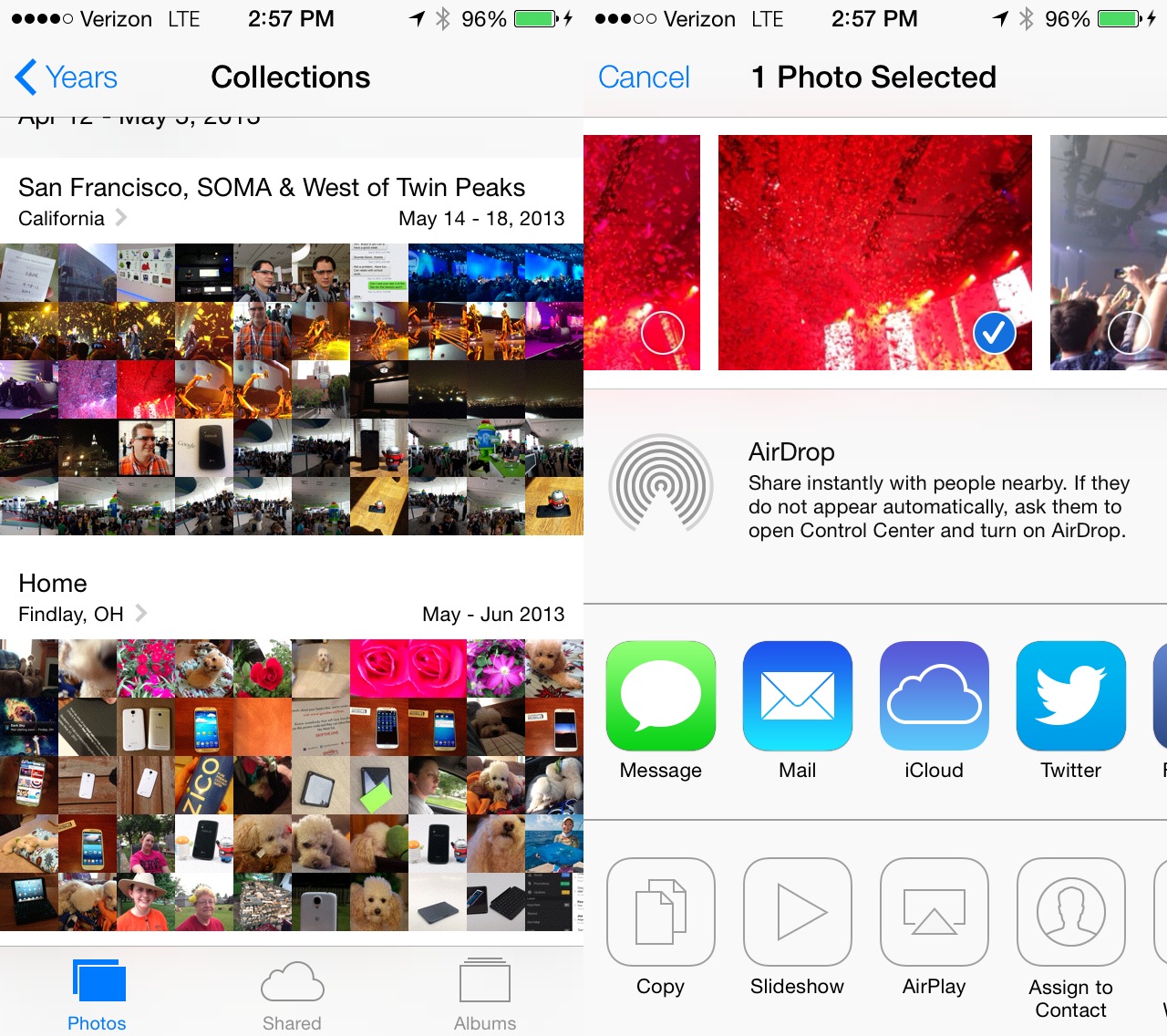 iOS 7 includes a new Photos App with easier sharing.