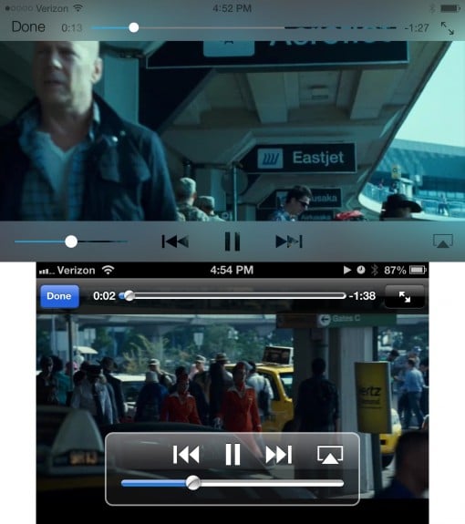 iOS 7 vs. iOS 6 video app, showing shift to keeping important controls in reach.