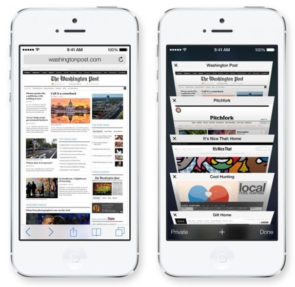 Safari in iOS 7 features a single bar and a new look.