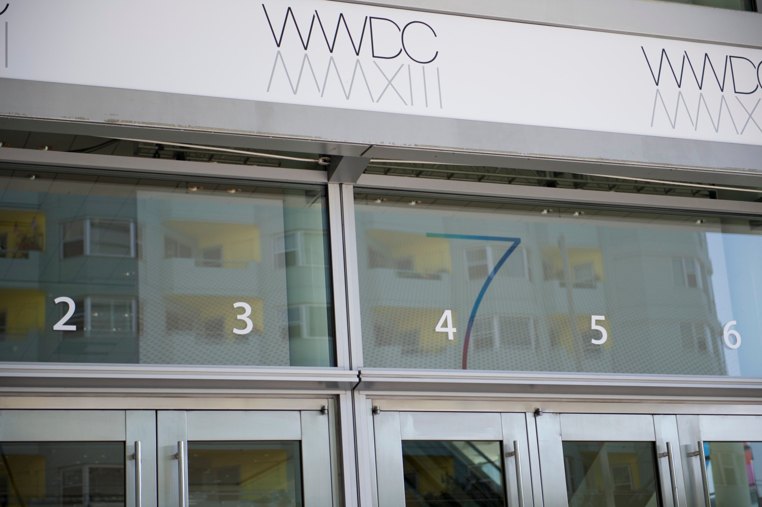 Banners at Moscone Center in San Francisco show a "7" which points to the unveiling of iOS 7.