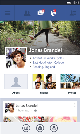 The new Facebook for Windows Phone 8 refresh uses a single, rather than panoramic, pane. Users scroll vertically. It is consistent with the official Facebook app for other platforms, like iOS and Android, but not consistent with Windows Phone