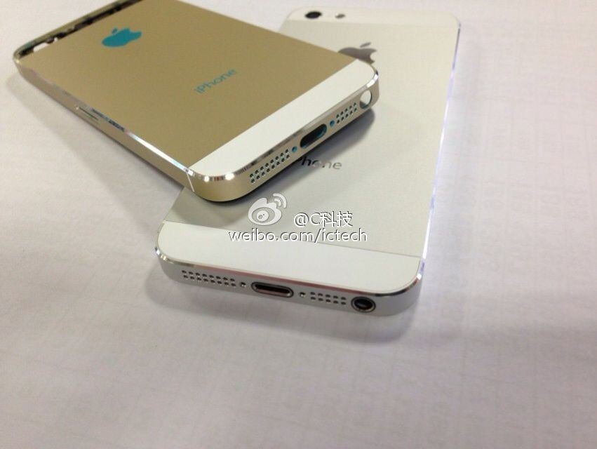 An alleged gold iPhone 5S with a gold chamfered edge and a white glass backplate.