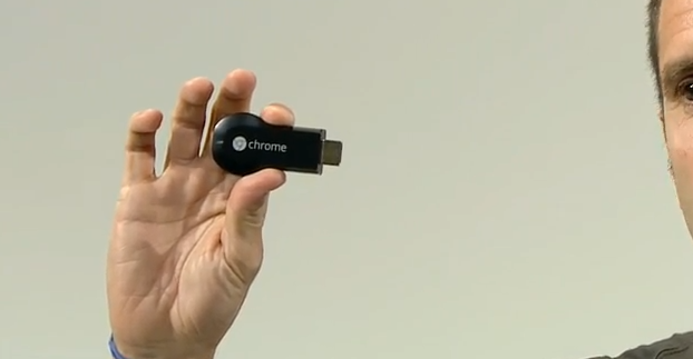 This is the Google ChromeCast, a small device that puts music, movies and apps on your HDTV.