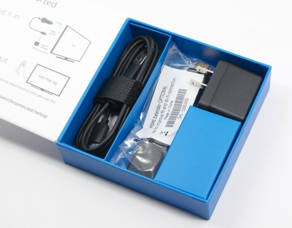 The ChromeCast includes everything you need to get up and running. 