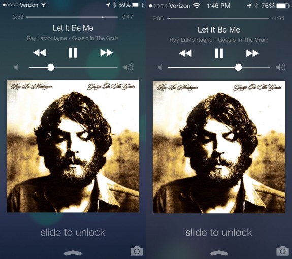 iOS 7 beta 3 adds the time on the lock screen while playing music. 