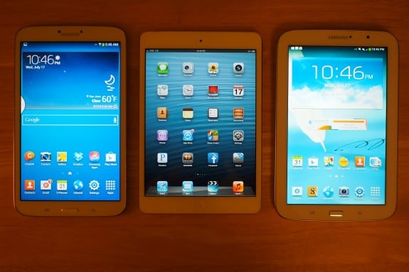 From left to right: Galaxy Tab 3 8.0, iPad mini, Galaxy Note 8.0