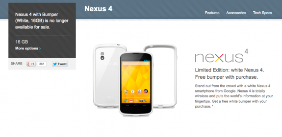 The white Nexus 4 is no longer for sale on Google Play.