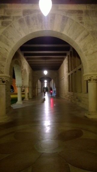 Main quad at Stanford University at night; no flash