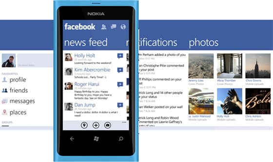 The old Facebook app for Windows Phone used the panoramic UI. Separate, panes were available to show various major elements of the Facebook service, including news feeds, notifications, poasts, and photos. Users could swipe across each pane to go through these categories. That UI has since been replaced. 
