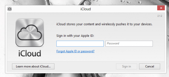 Sing into iCloud to set up Photo Stream on a Windows 8 PC.