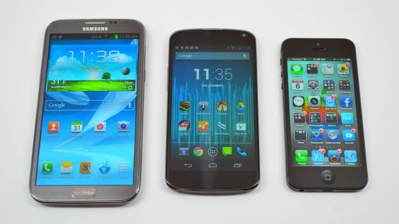 The Galaxy Note 2 on the left, the iPhone 5 on the right. 