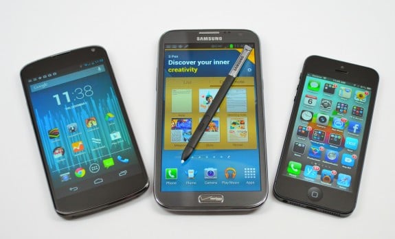 The Galaxy Note 3 will have a larger display than the Galaxy Note 2, seen here with the iPhone 5.
