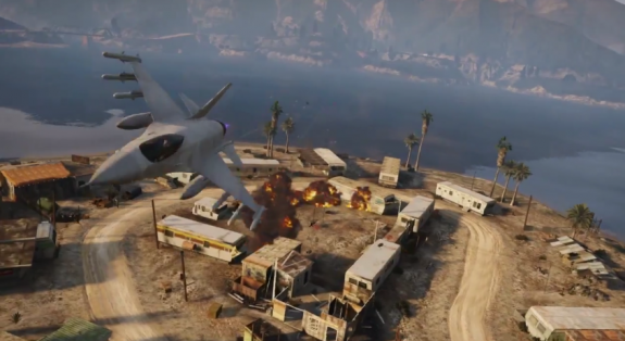 Blow stuff up with a fighter jet in GTA 5's Grand Theft Auto Online mode.