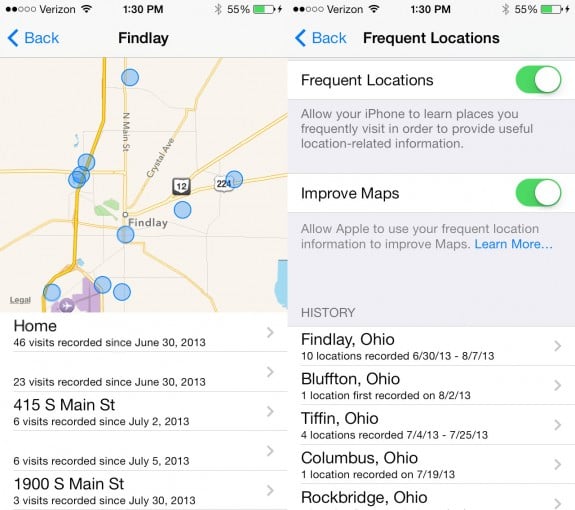 Take a look at your frequent locations in iOS 7 beta 5. 