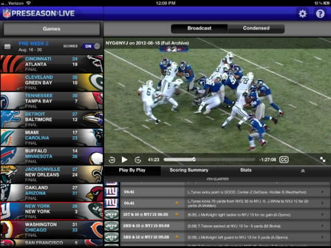 Watch the 2013 NFL preseason live on the iPad and Android.