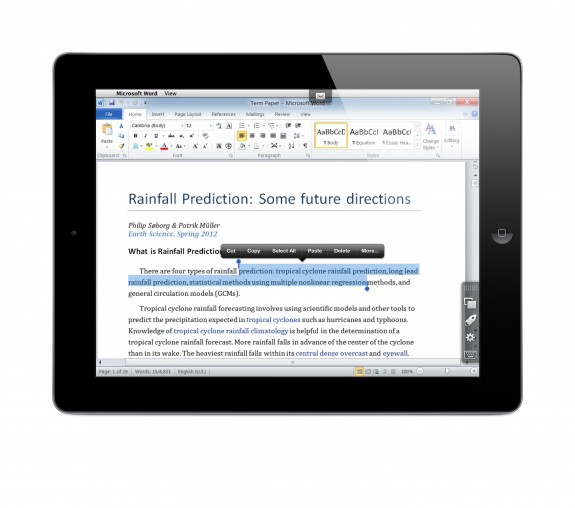 Parallels Access on iPad accessing Windows Word 2010 on a PC - selecting text