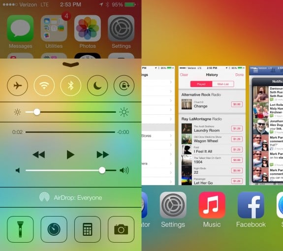 Control Center is new in iOS 7, as is a redesigned Multitasking display.