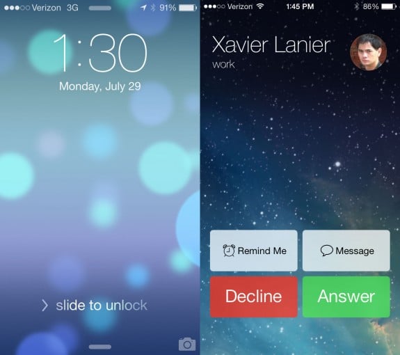 The iOS 7 lock screen is new as is the call screen.
