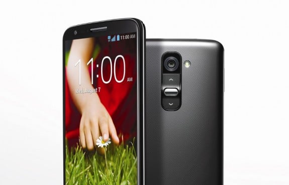 The LG G2 features a plastic back with a volume rocker.