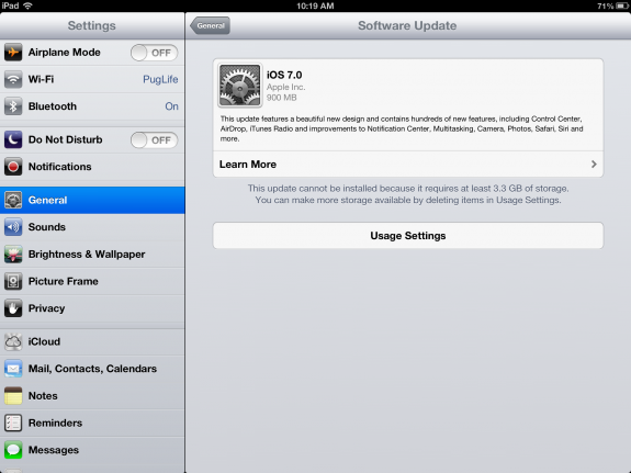 Users need to free 3.1GB to 3.3GB of storage space for the iOS 7 update.