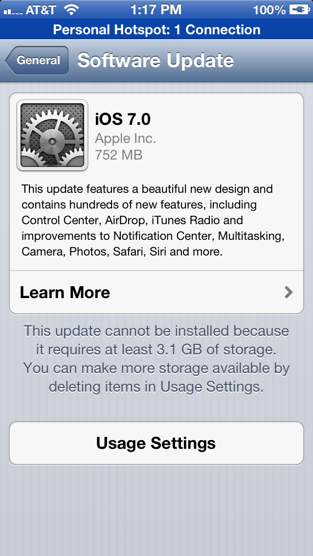 The iOS 7 update error for not enough storage.
