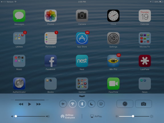 Fast access to iPad mini settings in Control Center on iOS 7.