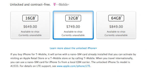 The iPhone 5S off-contract pricing is as expected.