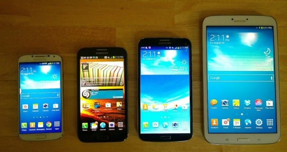 Screen size comparison, from left to right: 5-inch 1080p Galaxy S4, 5.5-inch 720p Galaxy Note 2, 6.3-inch 720p Galaxy Mega, 8-inch 720p Galaxy Tab 3 8.0