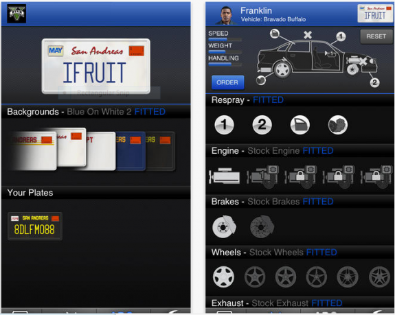 Screenshots of the iFruit add-on application for Grand Theft Auto 5 players.