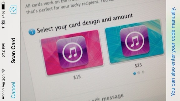 Scan a gift card with iOS 7 to add it to iTunes. 