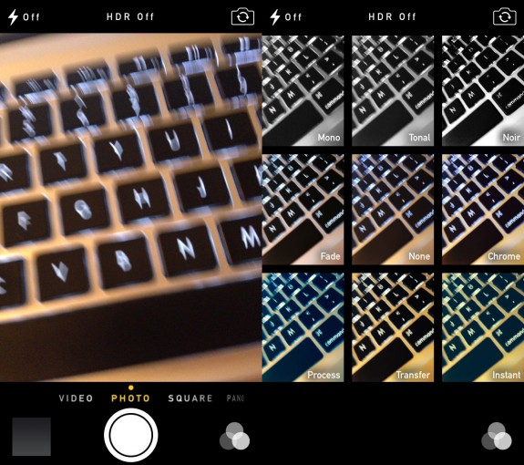 Here is the new iOS 7 camera app with live filters and a new square option.