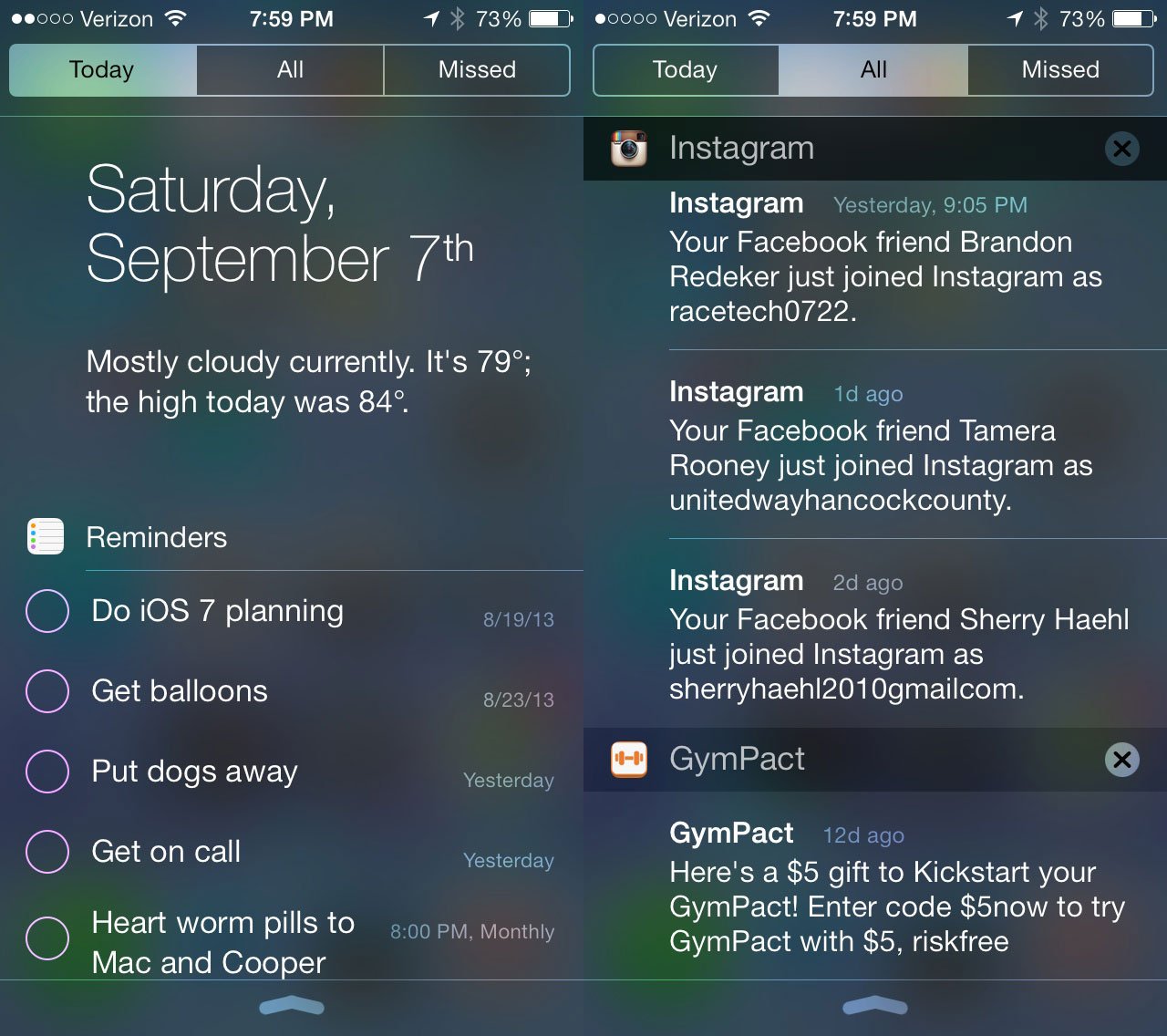 The iOS 7 Notification Center features three tabs.