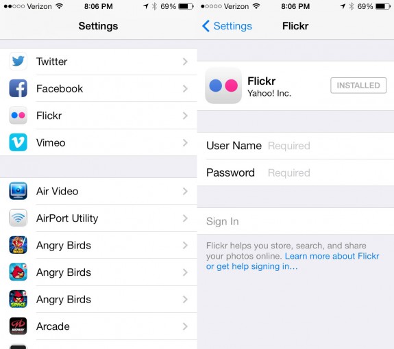 Connect the iPhone and iPad to Flickr or Vimeo in iOS 7.