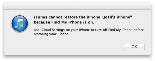 iTunes will not reset an iPhone on iOS 7 if Find My iPhone is still active.