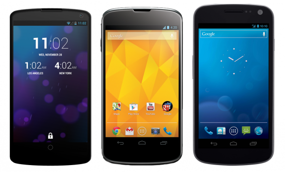 The rumored Nexus 5 seen here next to the Nexus 4 and Galaxy Nexus.