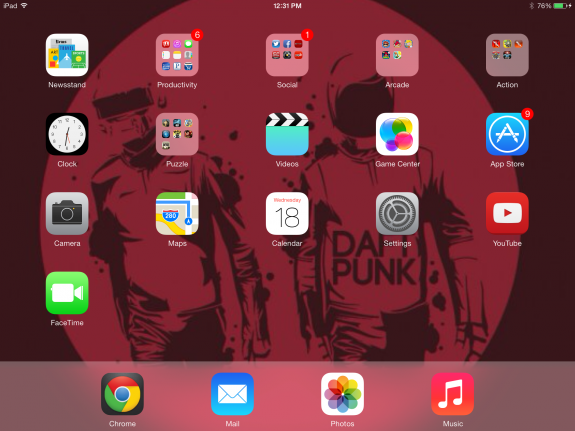 The home screen in iOS 7 for iPad.