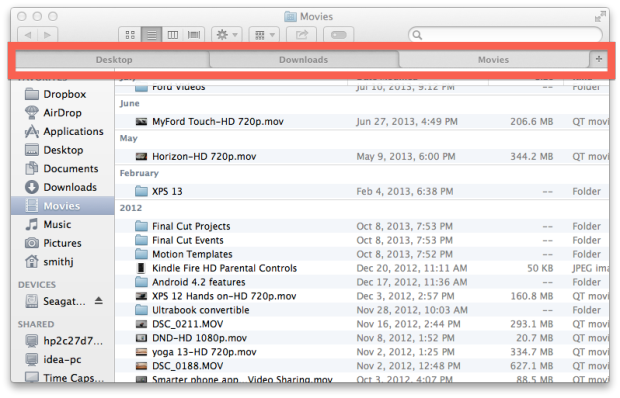 Finder now supports tabs in OS X Mavericks. 