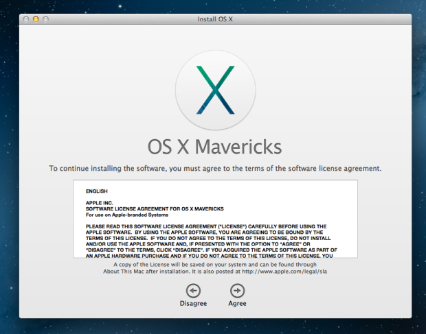 Agree with the terms to upgrade to OS X Mavericks.