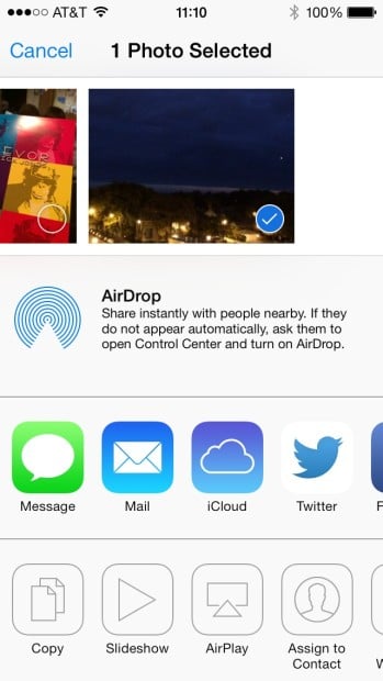 The iOS 7 Share Sheet as presented in the Photos App