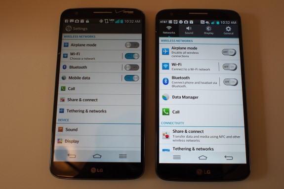 Settings menu on AT&T model (right) is organized better with a tabbed layout compared to the Verizon model (left)