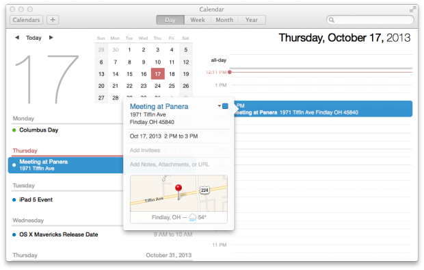 The calendar is smarter in OS X Mavericks with traffic, locations and easier adding.