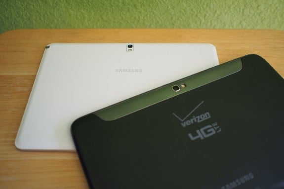 Out with the glossy plastic on last's Note 10.1 and in with the stitched faux leather rear on the Note 10.1 2014 Edition.