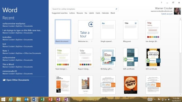 Microsoft Word 2013 on Surface 2