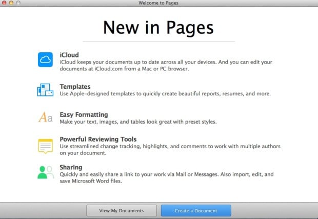 pages welcome screen
