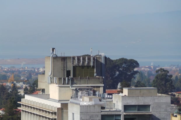 Cellular antennas mounted to rooftops of buildings throughout campus.